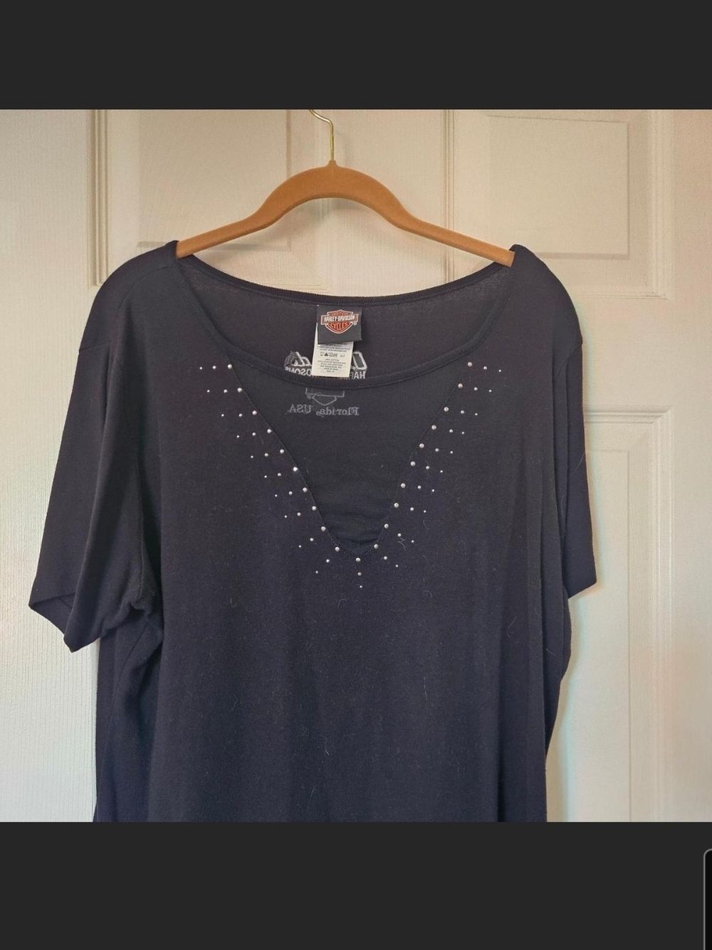 Harley-Davidson Black Short Sleeve Tee with V-mesh and Rhinestone Stud Accents